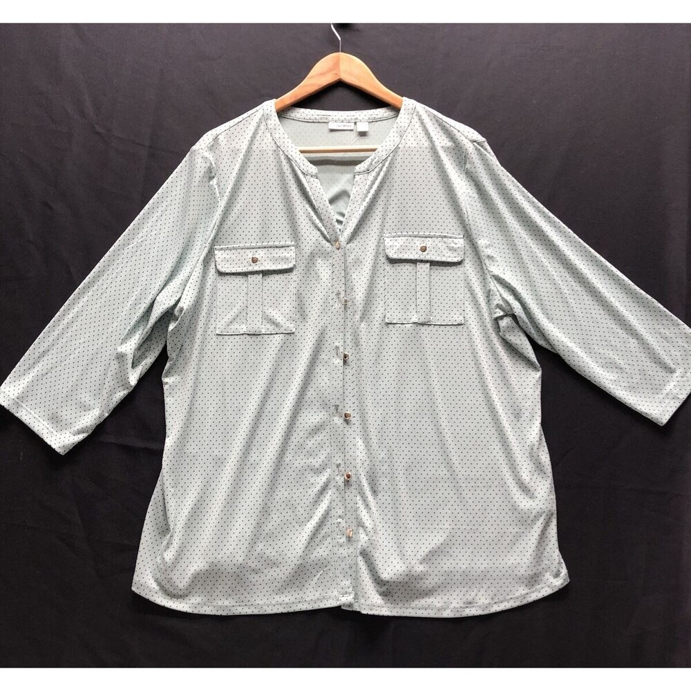 Croft & Barrow Women's Blouse Size 1X 3/4 Sleeve Mint Green Polka Dot V Neck